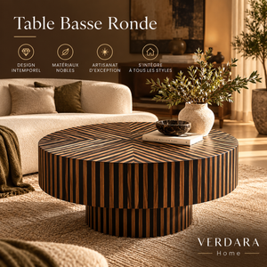 Table basse ronde marquetée bois clair et bois foncé – Motif soleil rayonnant, base piédestal