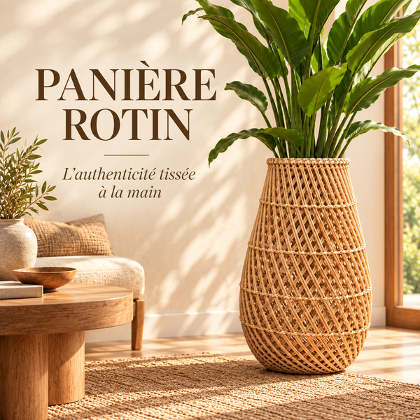 Vase panier en rotin tressé façon carafe – Style bohème naturel