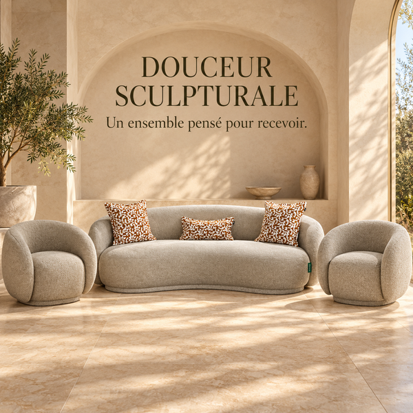 Canapé courbe 2 fauteuils Galbe : le salon enveloppant en beige taupe
