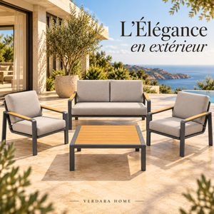 Salon de jardin 4 pièces aluminium et bois – Canapé, fauteuils et table basse