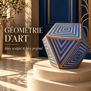 Table d'appoint géométrique marquetée bleu et bois – Motif op-art concentrique