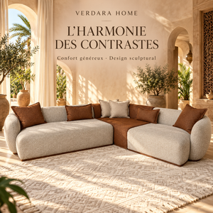 Canapé d'angle bicolore en tissu texturé gris clair & terracotta – Design arrondi & contrasté (dim)
