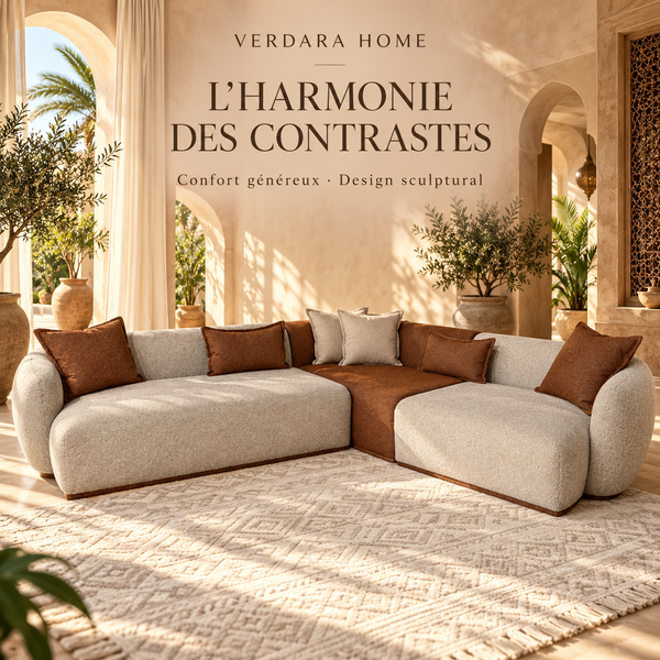 Canapé d'angle bicolore en tissu texturé gris clair & terracotta – Design arrondi & contrasté (dim)