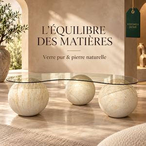 Table basse Sphères : plateau en verre et pieds en travertin