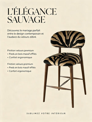 Chaise de bar motif zèbre en velours – Piètement bois massif style mid-century
