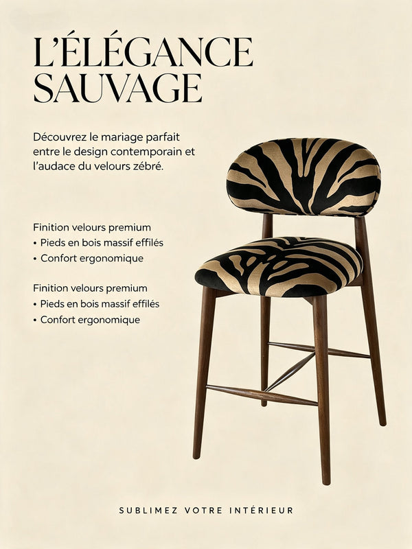 Chaise de bar motif zèbre en velours – Piètement bois massif style mid-century