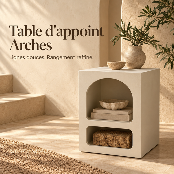 Table de chevet sculpturale bi-niches en résine/plâtre – Arche et rectangle