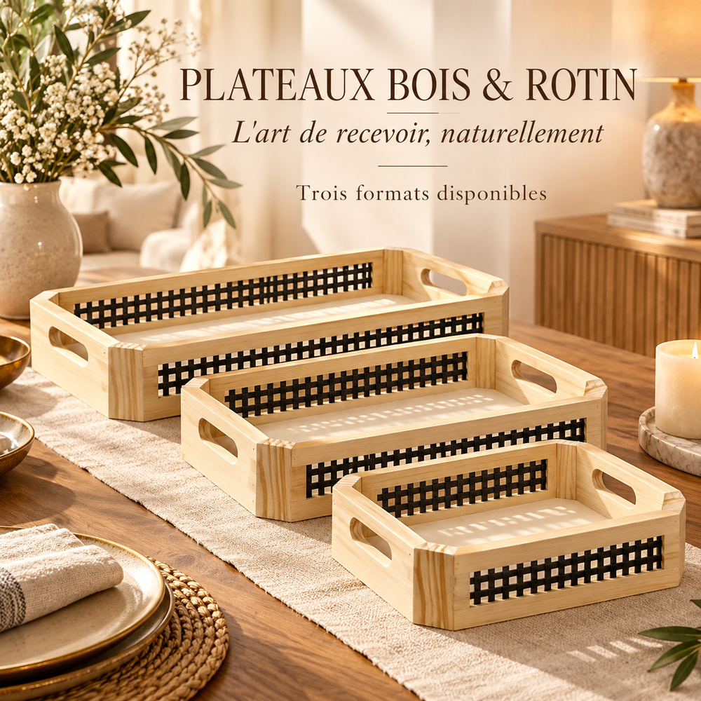 Plateau de Service Bois & Rotin – 3 Formats