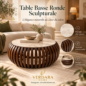 Table Basse Ronde Sculpturale – Bois & Effet Pierre