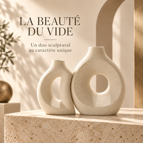 Duo de Vases Sculpturaux Ivoire – Relief Rayonnant