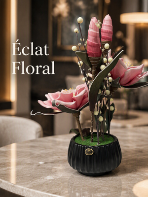 Arrangement floral artificiel rose en pot noir