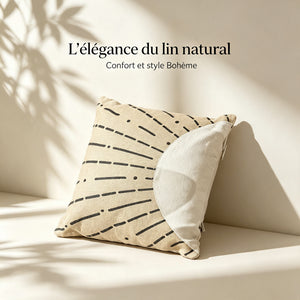 Coussin décoratif carré en lin beige avec motif abstrait noir
