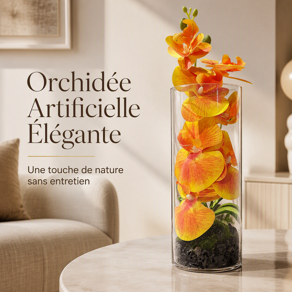 Vase Décoratif en Verre avec Fleurs Orchidées Artificielles