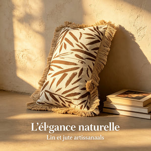Coussin décoratif en lin et jute avec motif abstrait brun