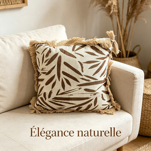 Coussin décoratif carré en coton et jute avec motif abstrait brun