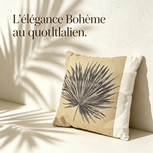 Coussin décoratif carré en jute avec motif palmier gris