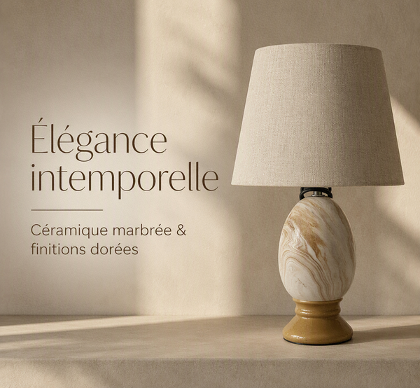 Lampe de Table en Céramique Marbrée et Base Dorée