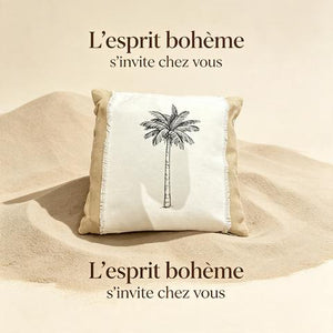 Coussin décoratif carré en toile naturelle avec palmier noir