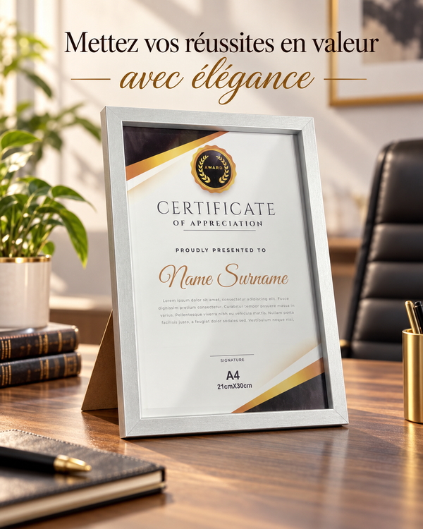 Cadre Certificat A4 Argenté – 21 × 30 cm