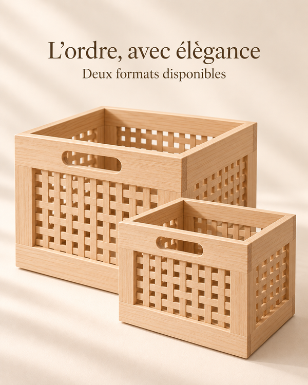Caisse de rangement ajourée en bois naturel – 2 formats