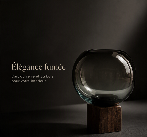 Élégance fumée — vase en verre et bois