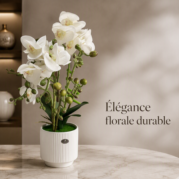 Orchidée artificielle blanche en pot cannelé