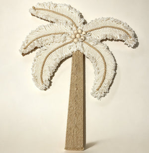 Décoration murale « Palmier » en macramé – Coton écru, jute et perles en bois