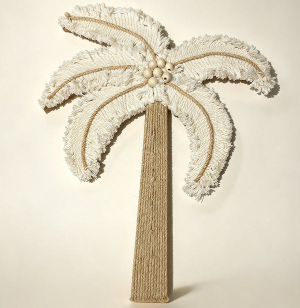 Décoration murale « Palmier » en macramé – Coton écru, jute et perles en bois