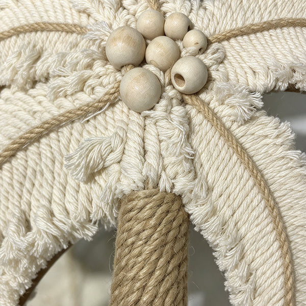 Décoration murale « Palmier » en macramé – Coton écru, jute et perles en bois