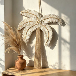Décoration murale « Palmier » en macramé – Coton écru, jute et perles en bois