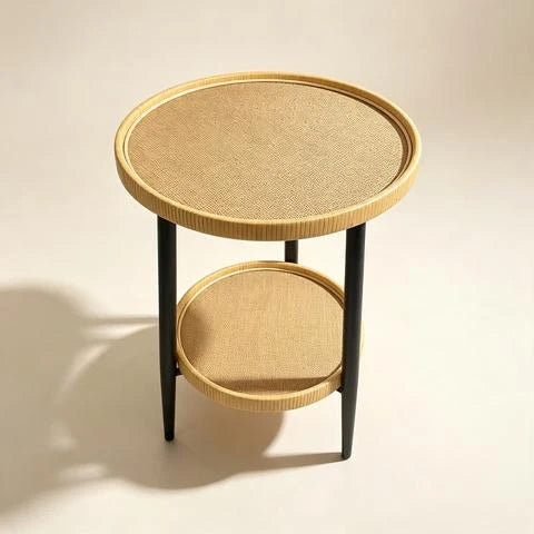 Table d’appoint ronde à deux niveaux en rotin