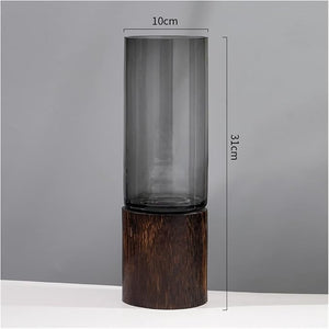 Vase décoratif en verre fumé et bois foncé
