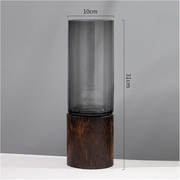 Vase décoratif en verre fumé et bois foncé