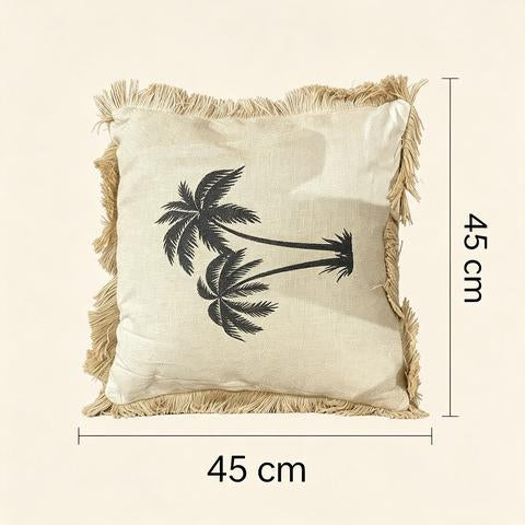 Coussin décoratif en toile naturelle avec motif de deux palmiers