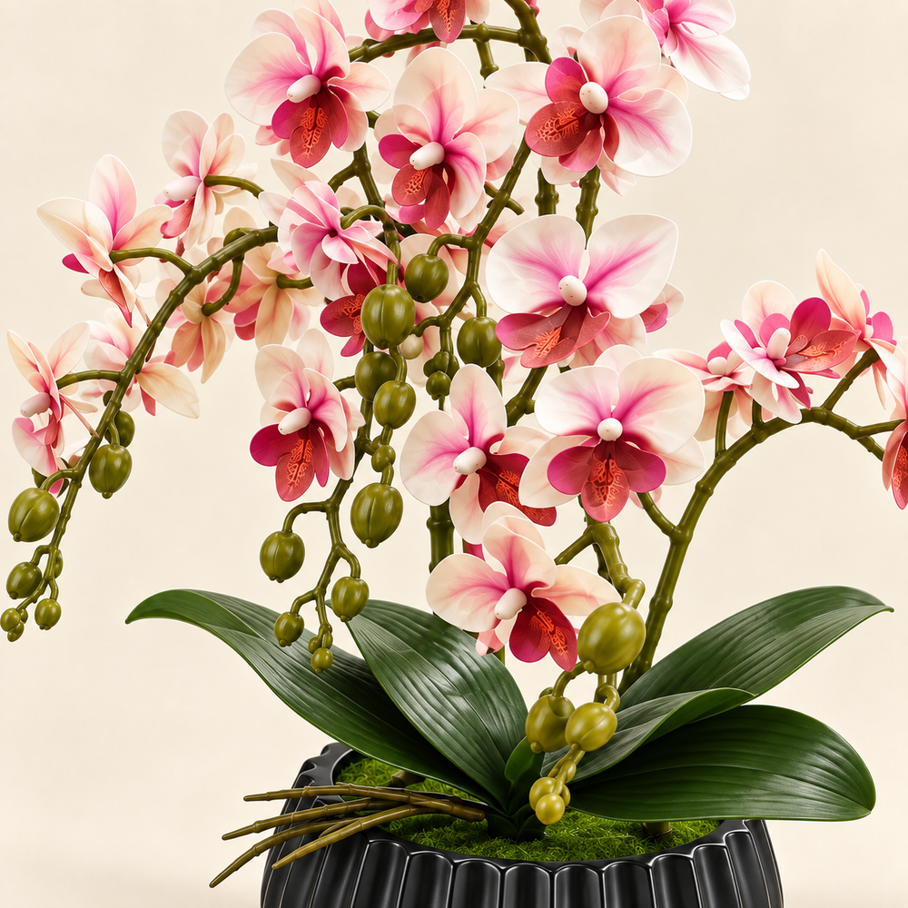 Orchidée Rose Artificielle – Pot Noir
