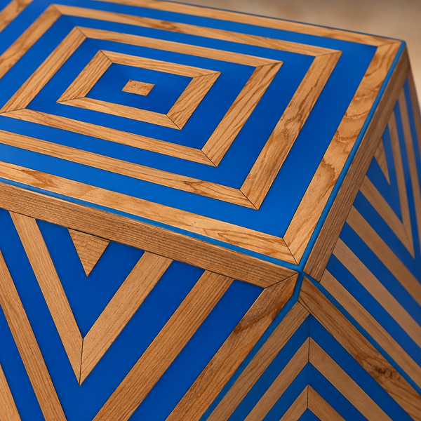 Table d'appoint géométrique marquetée bleu et bois – Motif op-art concentrique