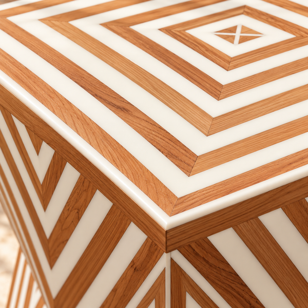 Table d'appoint pincée en marqueterie bois et ivoire – Motif chevrons concentriques