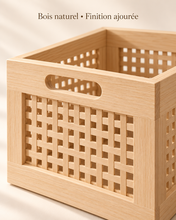 Caisse de rangement ajourée en bois naturel – 2 formats