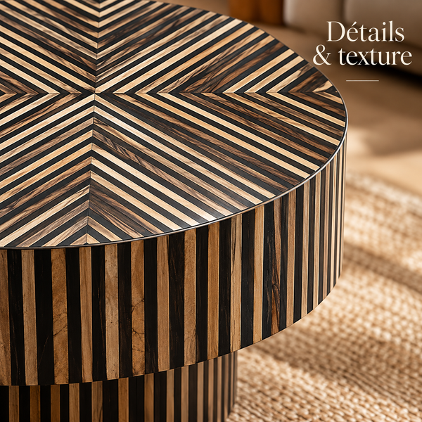Table basse ronde marquetée bois clair et bois foncé – Motif soleil rayonnant, base piédestal