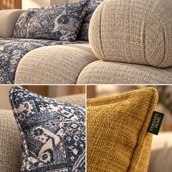 Canapé d'angle modulable Patchwork : capitonné beige &amp; motifs bleu indigo