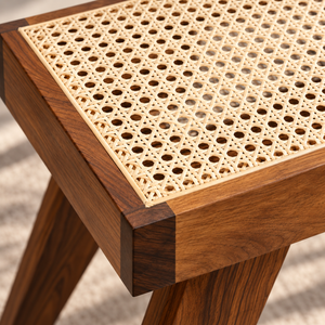 Tabouret bas cannage et bois massif – Style Pierre Jeanneret, jambes compas