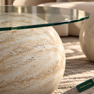 Table basse Sphères : plateau en verre et pieds en travertin