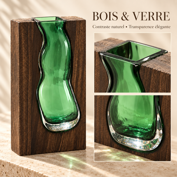 Vase Sculptural Émeraude – Bois et Verre