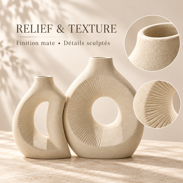 Duo de Vases Sculpturaux Ivoire – Relief Rayonnant