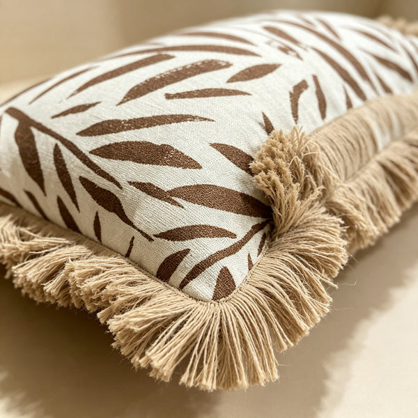 Coussin décoratif en lin et jute avec motif abstrait brun
