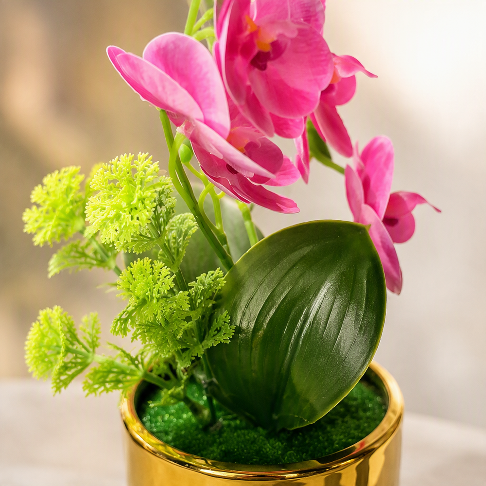 Artificial Pink Orchid in a Gold Pot
