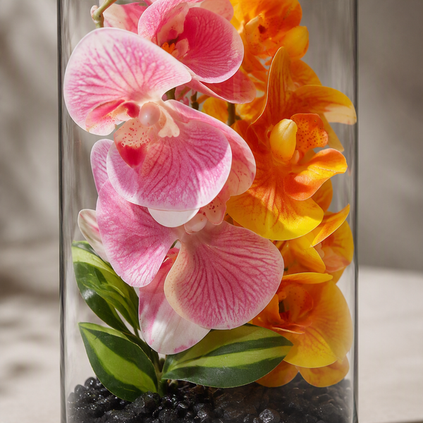 Vase Décoratif en Verre avec Fleurs Orchidées Artificielles